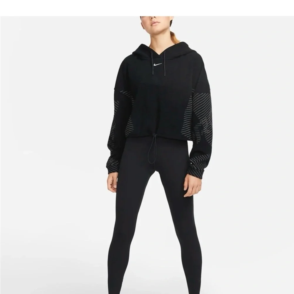 Nike Black and Gray Patterned Cropped Fleece Hoodie Cinched Drawstring S Baddie - Picture 5 of 6